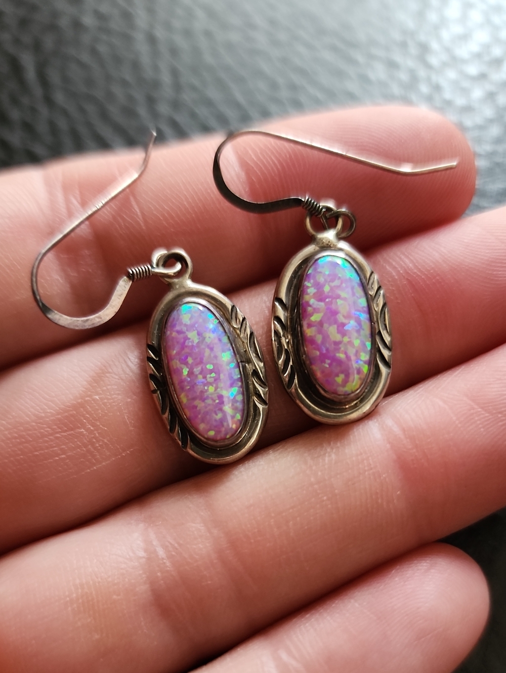 VTG Sterling Silver Pink Opal Oval Drop Earrings